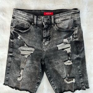 Guess Washed Distressed Black Denim Bermuda Jean Shorts